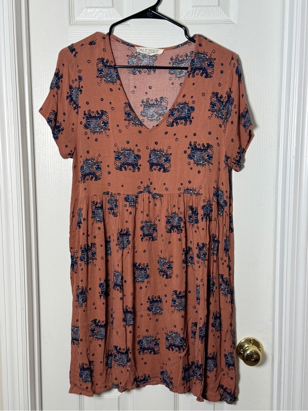 Audrey 3+1 Boho Elephant Print Babydoll Mini Dress Rust Coral Size L